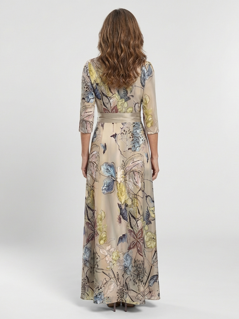 Margaret | Długa sukienka z kwiatowym wzorem i rękawami o długości 3/4 - Eliza-Warszawa