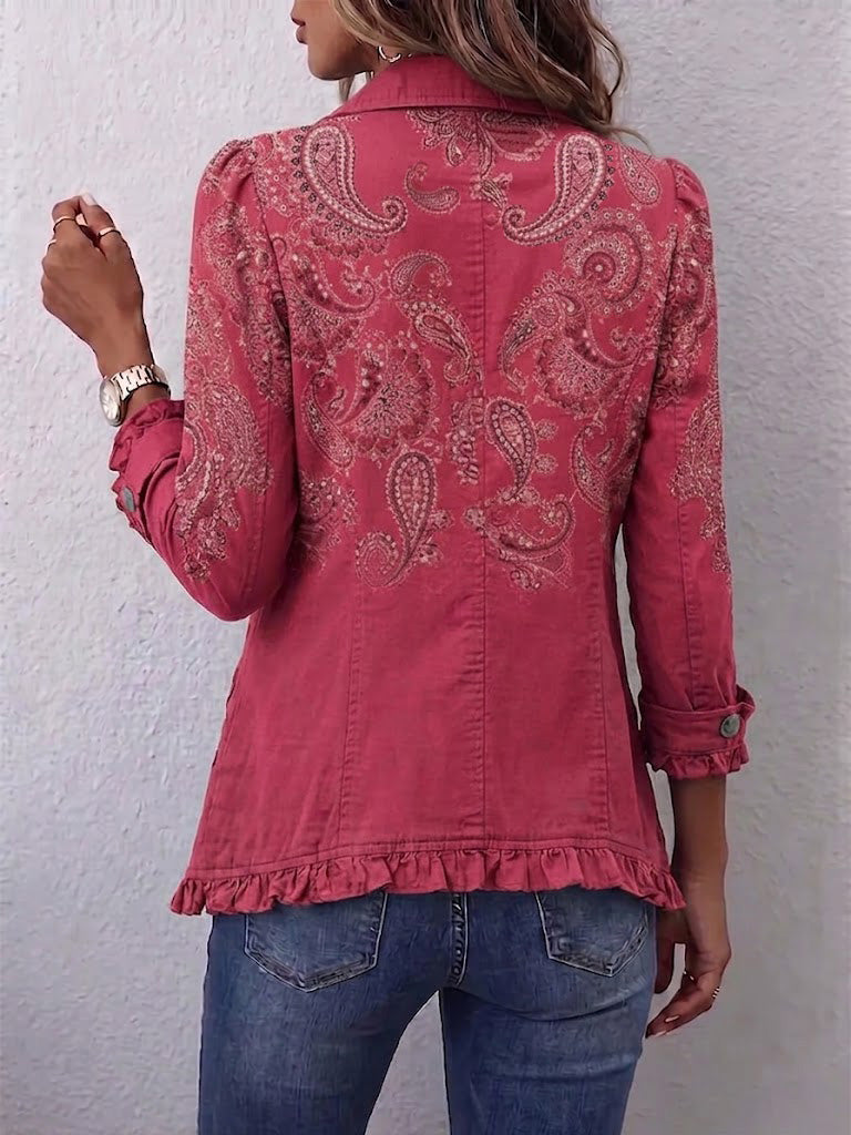 Marjorie – różowa kurtka z falbanką w stylu paisley - Eliza-Warszawa