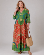 Zeloria | Luźna sukienka midi z abstrakcyjnym nadrukiem w stylu vintage i rękawami trzy czwarte